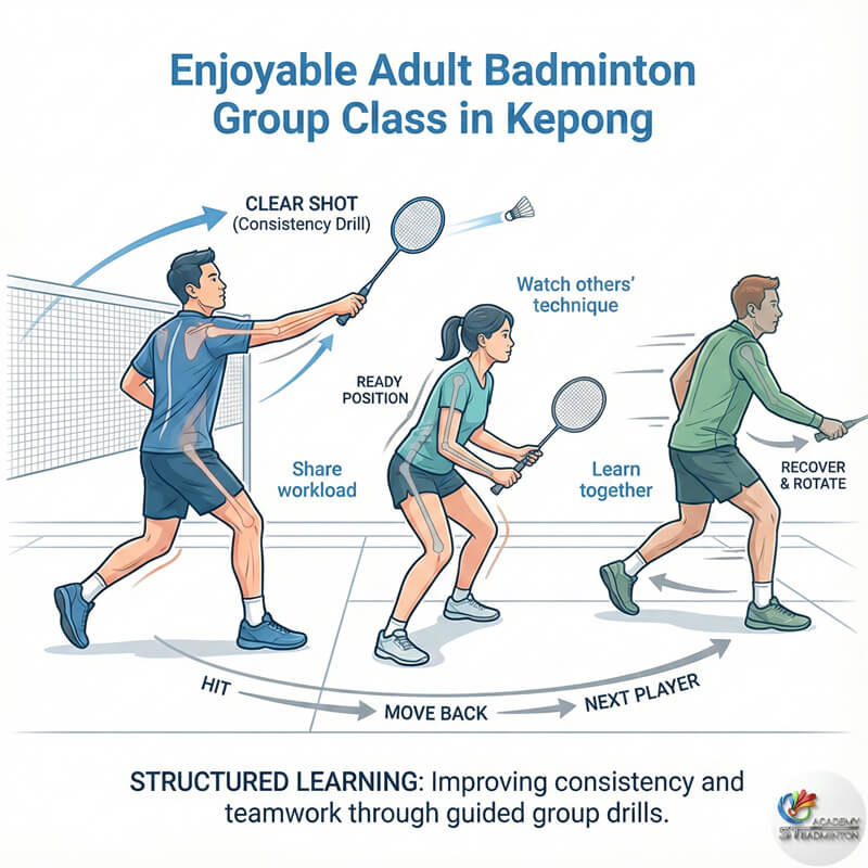 Kelas bulutangkis dewasa kelompok kecil di Kuala Lumpur fokus pada dasar