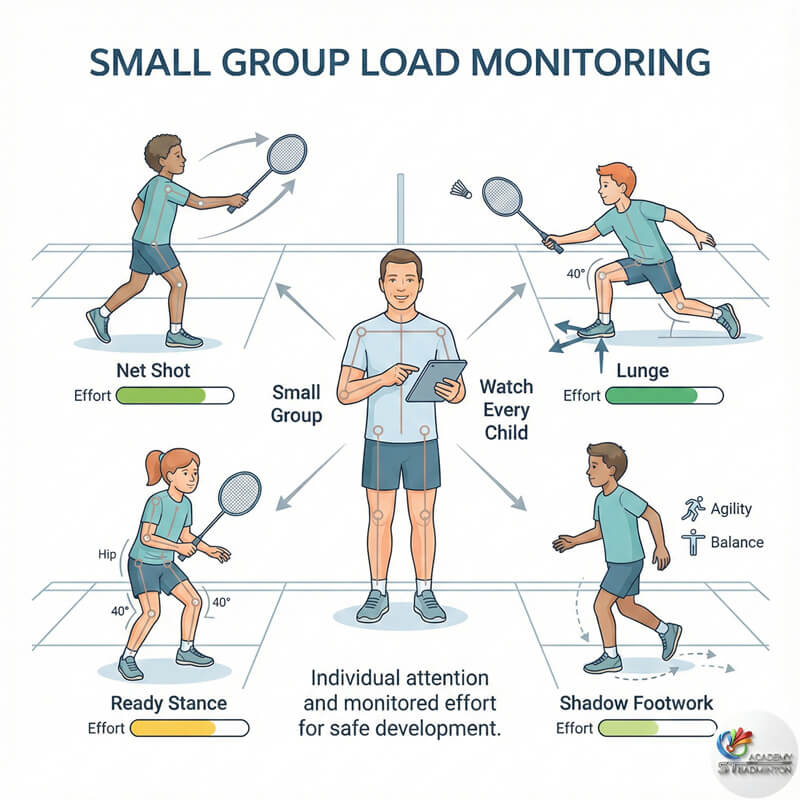 Kelas badminton kumpulan kecil membolehkan pemantauan beban individu oleh jurulatih di KL