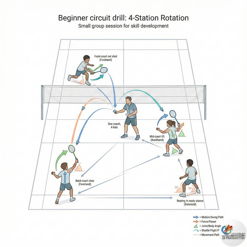 Small group beginner badminton training for children in Kuala Lumpur