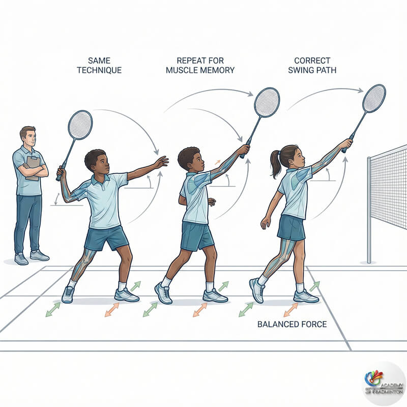 Small group kids badminton class Singapore practicing skills