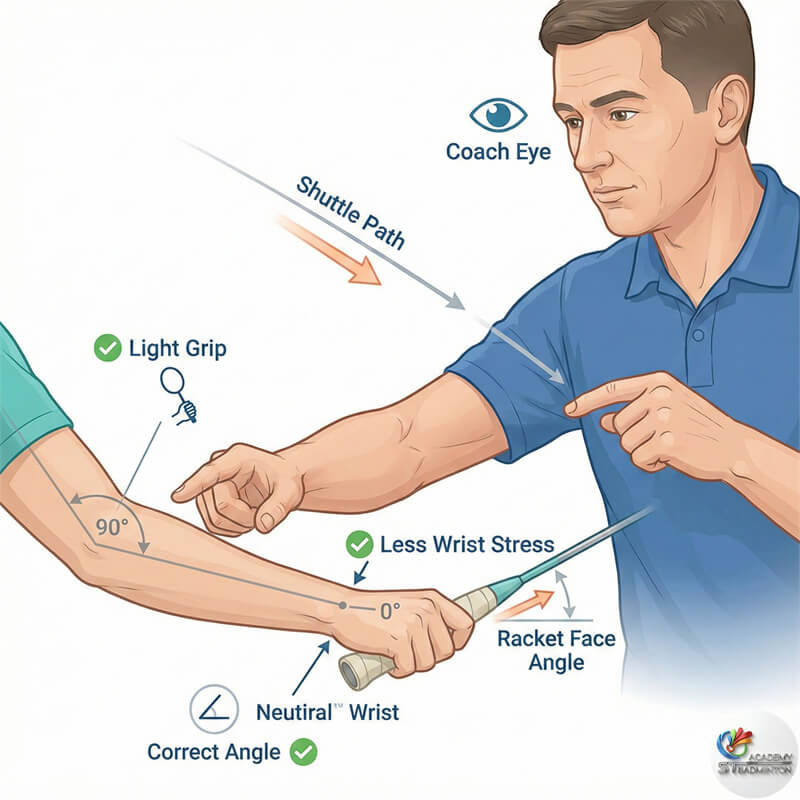 Jurulatih Bertauliah Sains Sukan Tahap 1 memerhati postur pelajar semasa latihan badminton di Setapak