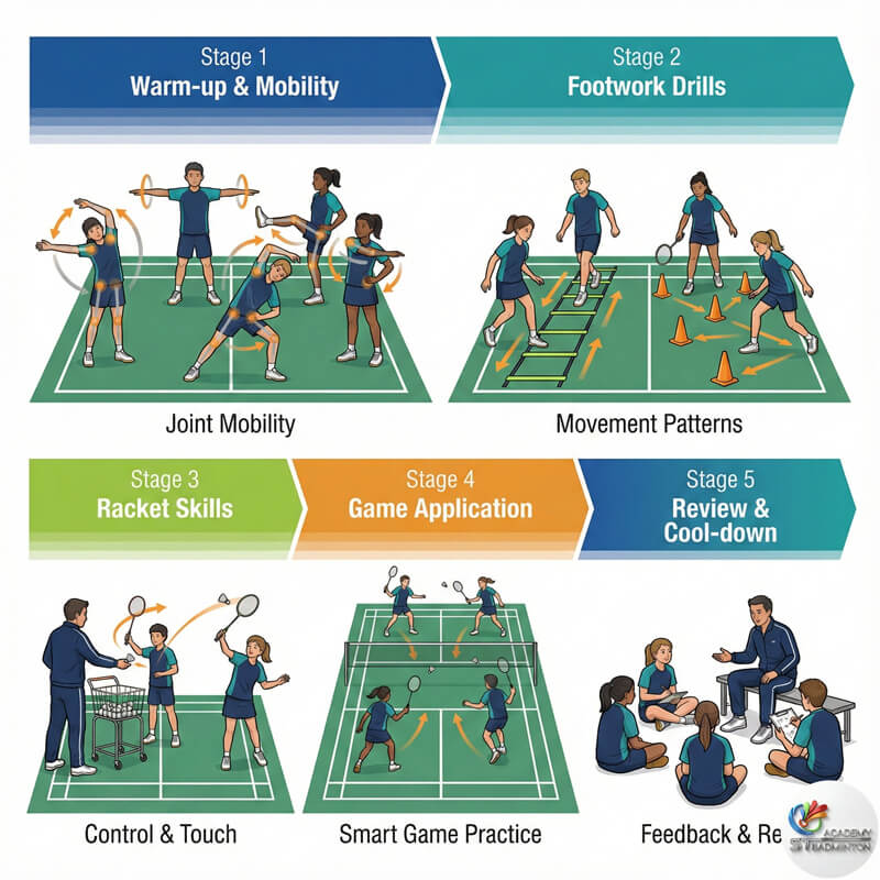 Lịch trình hàng ngày có cấu trúc cho chuyến tập huấn cầu lông tại Malaysia bao gồm khởi động và bài tập kỹ năng