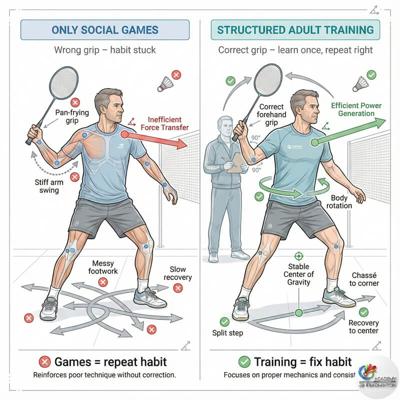 ทำไมการเล่นเกมถึงไม่ช่วยแก้เทคนิค - ฝึกพื้นฐานแบดมินตันผู้ใหญ่ในเชอรัส KL