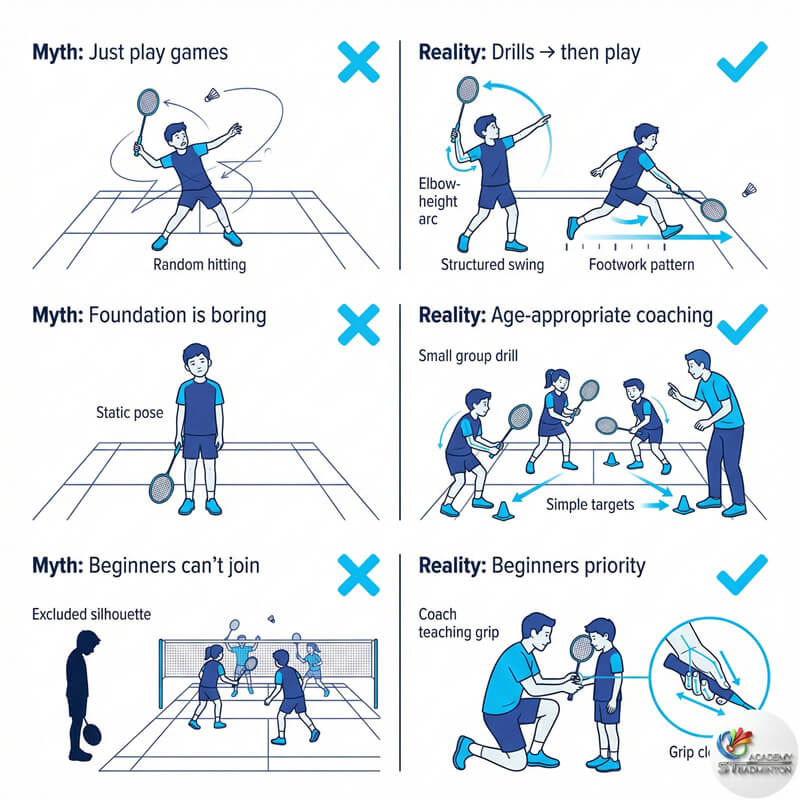 푸총에서 웃으며 올바른 배드민턴 기초를 연습하는 아이