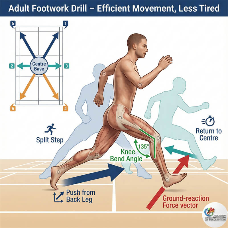 นักเรียนผู้ใหญ่กำลังฝึกซ้อมฟุตเวิร์กในคลาสแบดมินตัน Petaling Jaya