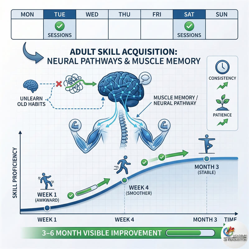 プチョンのバドミントントレーニングに取り組む社会人の生徒 - 継続が鍵