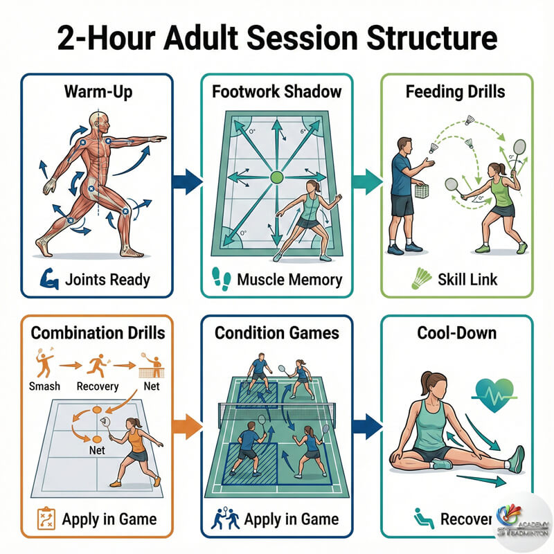 ผู้ใหญ่ฝึกซ้อมฟุตเวิร์กเฉพาะจุดระหว่างการเรียนแบดมินตันใน Petaling Jaya