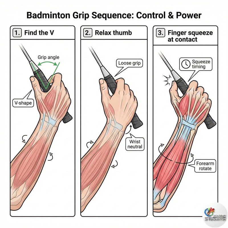 セタパックのキッズバドミントンクラスで子供のグリップを修正するエリックコーチ