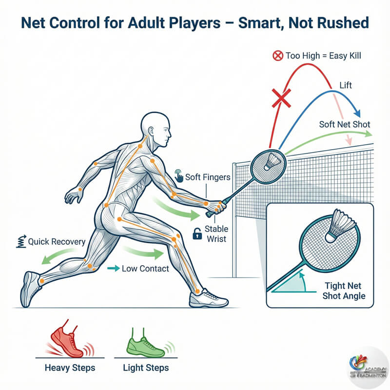 โค้ชสาธิตเทคนิคการเล่นหน้าเน็ตที่ถูกต้องให้มือใหม่ผู้ใหญ่ในกัวลาลัมเปอร์
