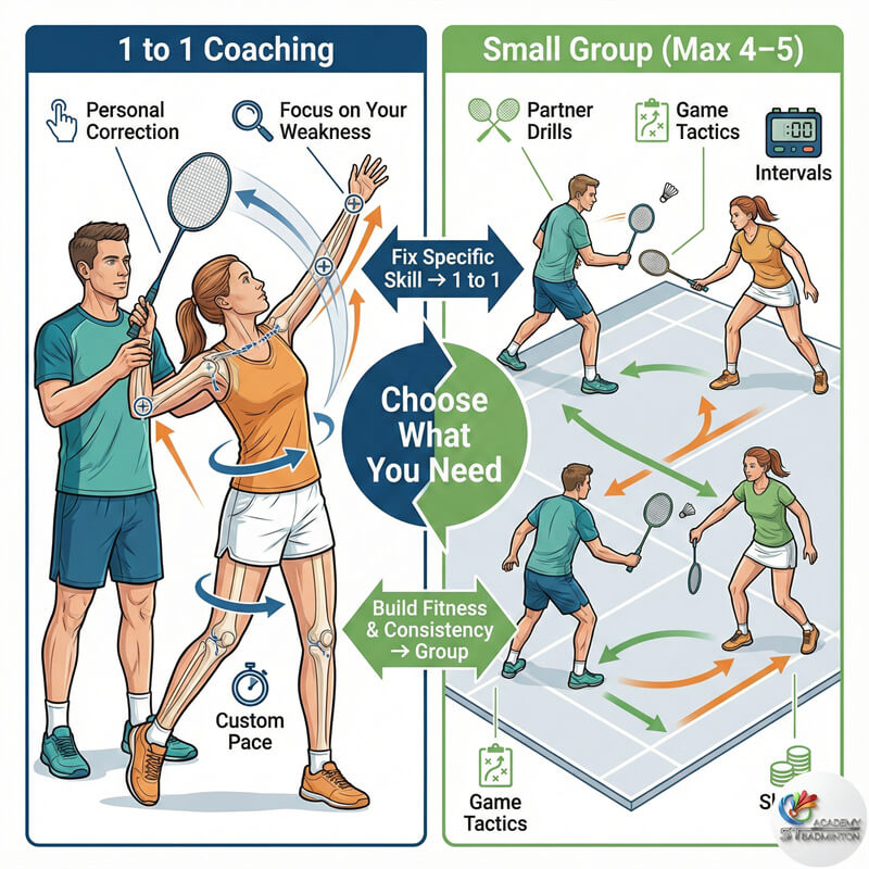 โค้ชกำลังอธิบายกลยุทธ์และเทคนิคให้นักเรียนแบดมินตันผู้ใหญ่ใน Petaling Jaya