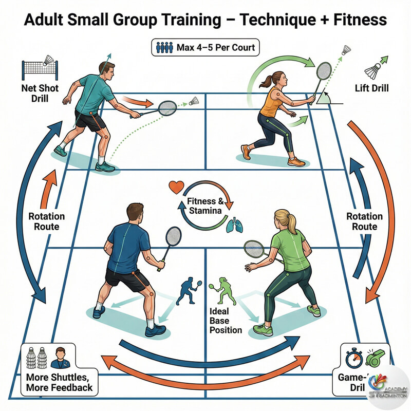 กลุ่มผู้เรียนแบดมินตันผู้ใหญ่สนุกกับการฝึกซ้อมอย่างเป็นระบบใน Selangor