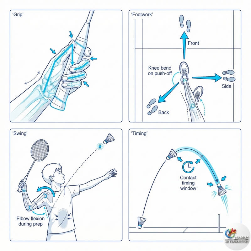 ST Badminton Academy Puchong에서 이동 동작 훈련을 연습하는 주니어 선수들