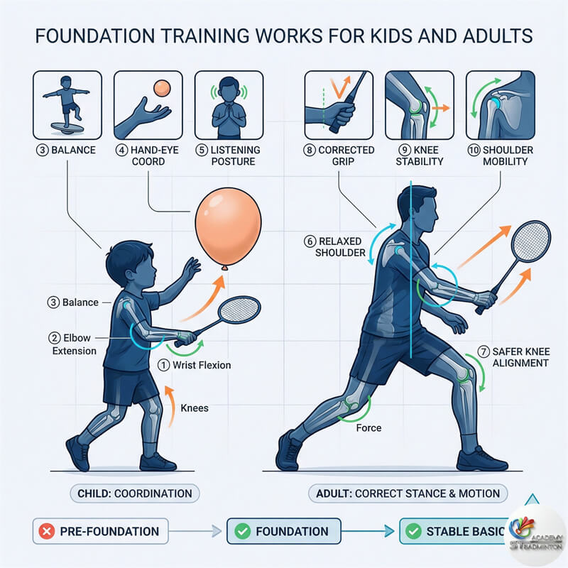 Trẻ em từ 4 đến 6 tuổi học kỹ năng vận động và phối hợp cầu lông tại ST Badminton Academy Malaysia