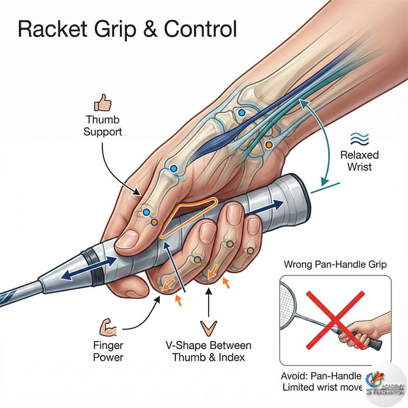 Kanak-kanak belajar pegangan raket yang betul dalam latihan badminton one-to-one di Setapak