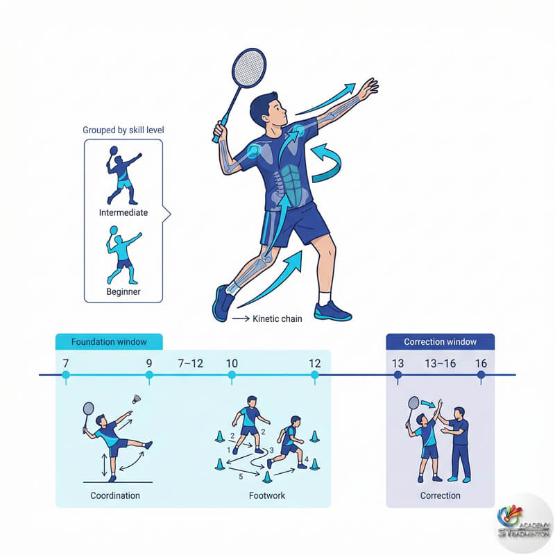 푸총 전문 유소년 배드민턴 코치가 올바른 스윙 기술을 지도하는 모습