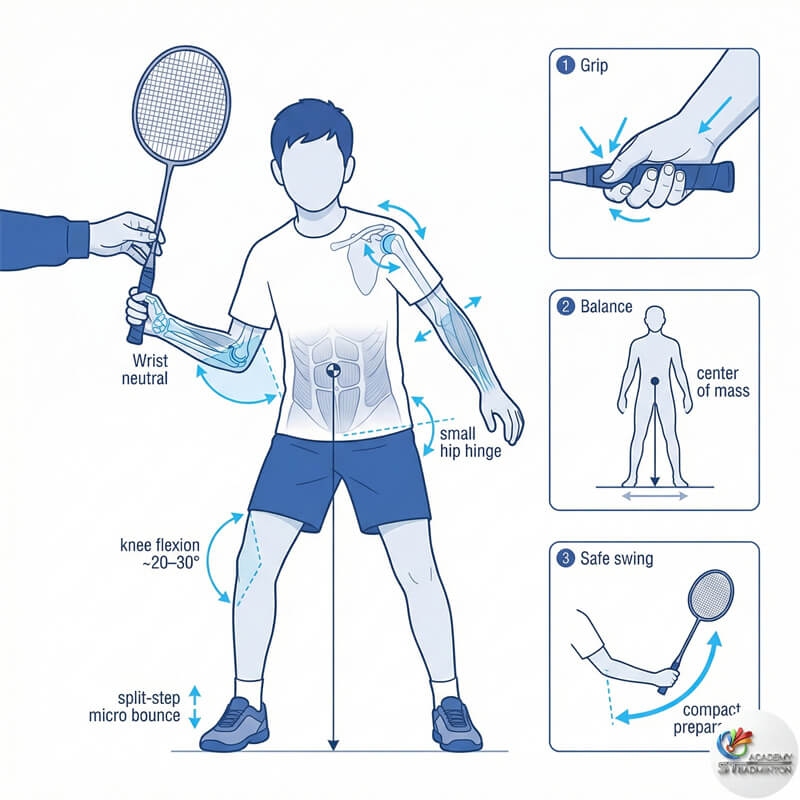 푸총 어린이 배드민턴 레슨 - 코치가 아이들에게 기초 스텝과 자세를 지도하는 모습