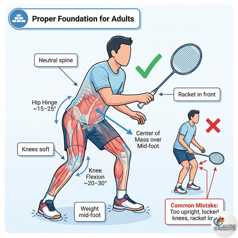 Latihan bulutangkis dewasa Selayang – pelatih mengoreksi kuda-kuda pemain pekerja