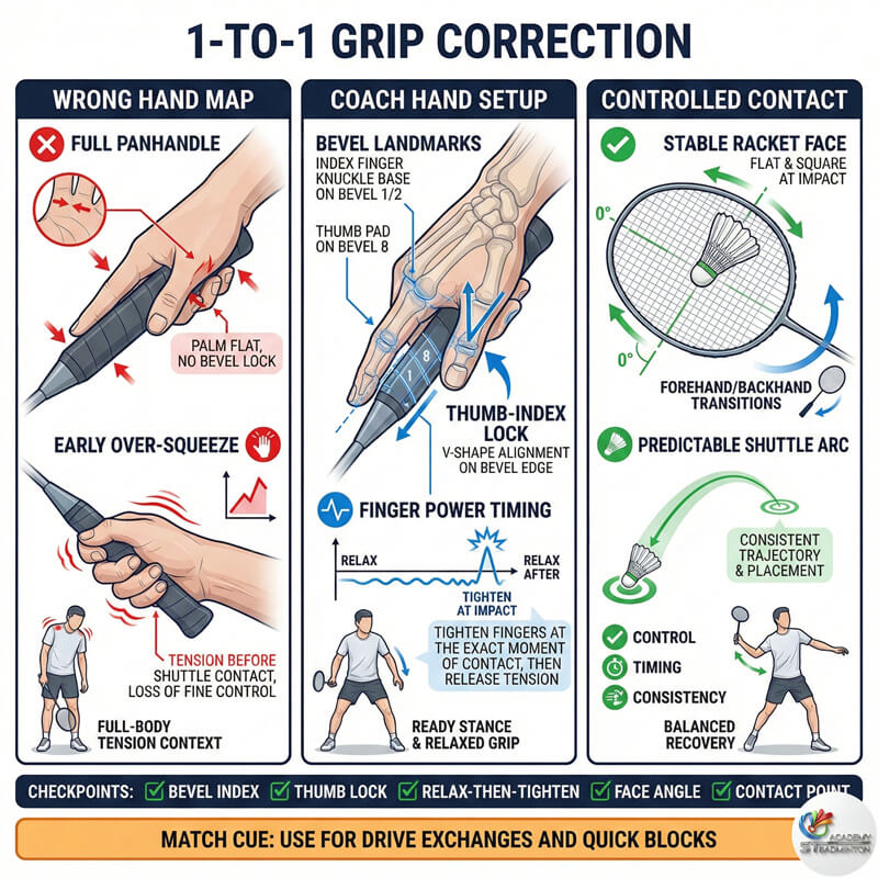 巴生羽毛球私教学生进行一对一握拍纠正