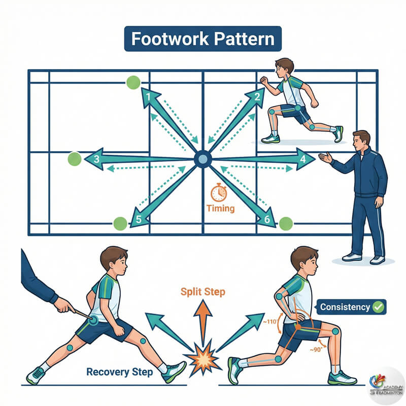 ST 羽毛球学院士拉央分校的儿童六点步法训练