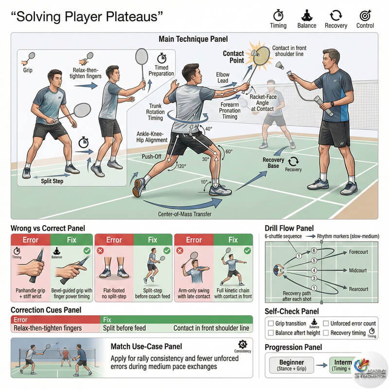甲洞一对一羽毛球教练正在纠正学员的基础握拍姿势