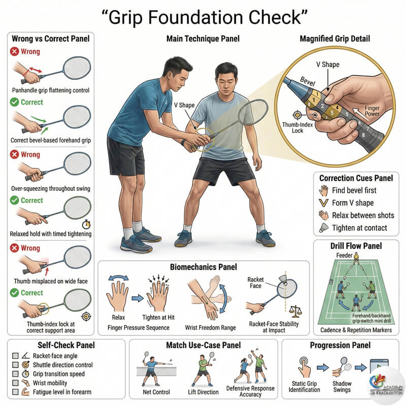 甲洞一对一羽毛球教练在私人训练中检查学员的握拍