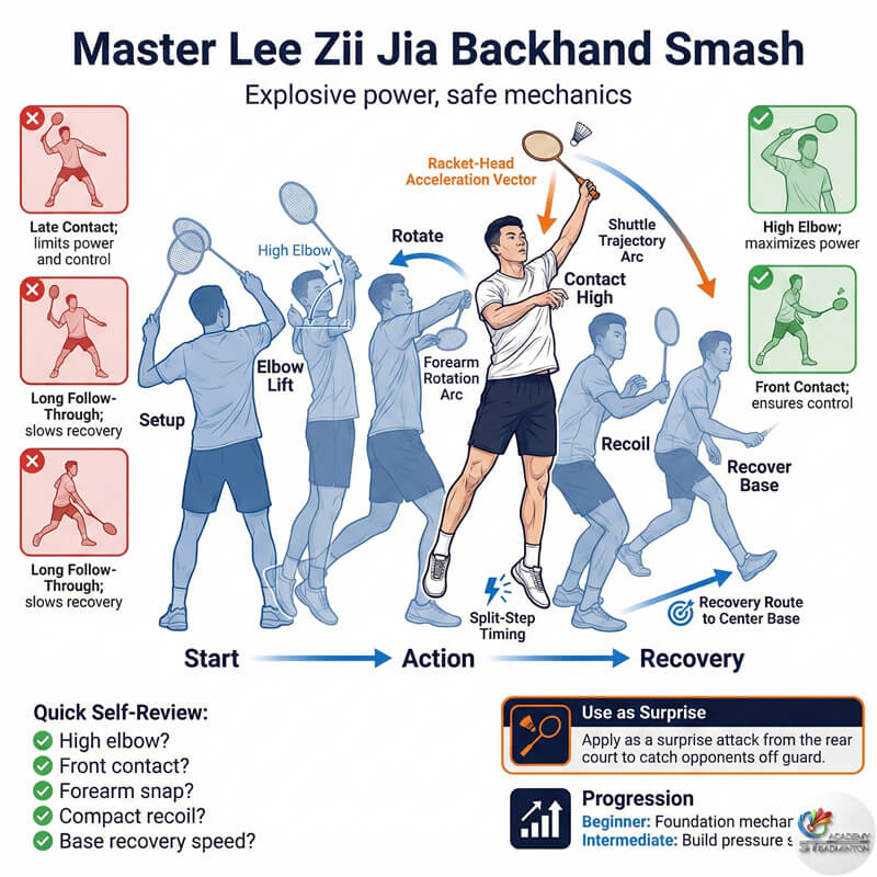 A badminton coach demonstrating the compact backswing for a Lee Zii Jia style backhand smash
