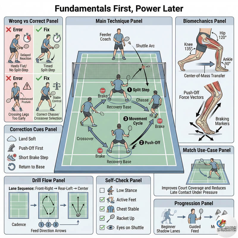 甲洞羽毛球步法教练教授正确的基础站位和回位步伐