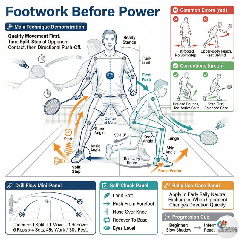 Huấn luyện viên cầu lông tại Kepong đang chỉnh sửa tư thế chuẩn bị và thăng bằng cho học viên mới