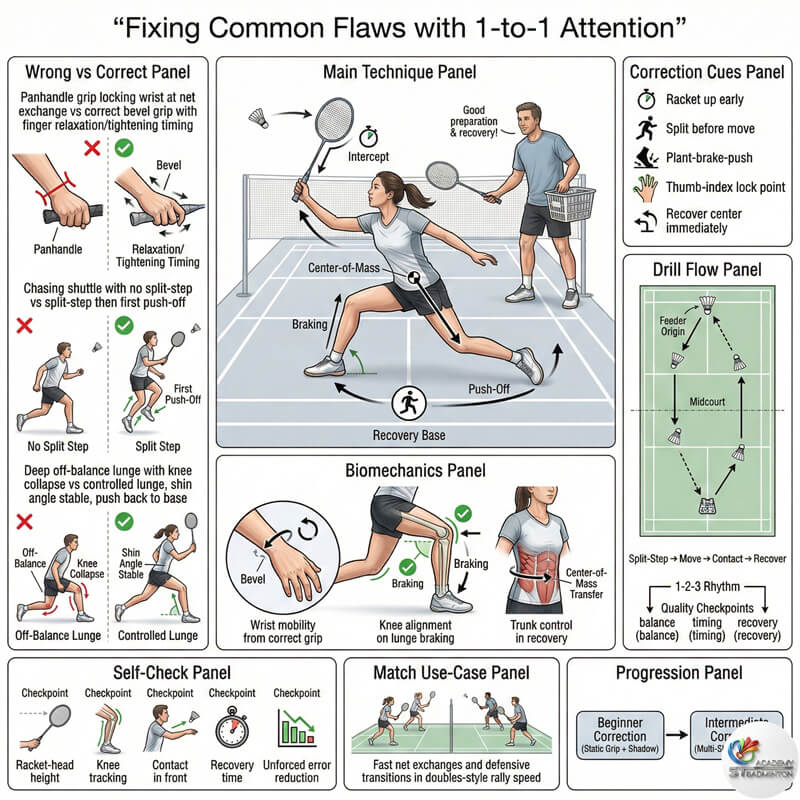 甲洞一对一羽毛球教练纠正青少年的引拍动作