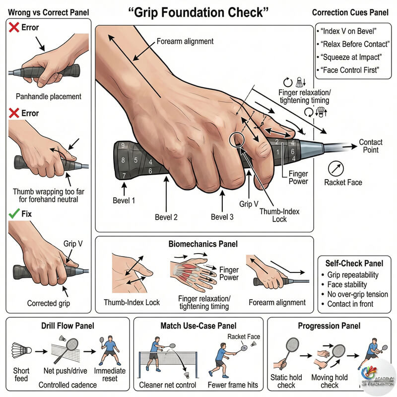 甲洞专业羽毛球教练检查学生的握拍姿势
