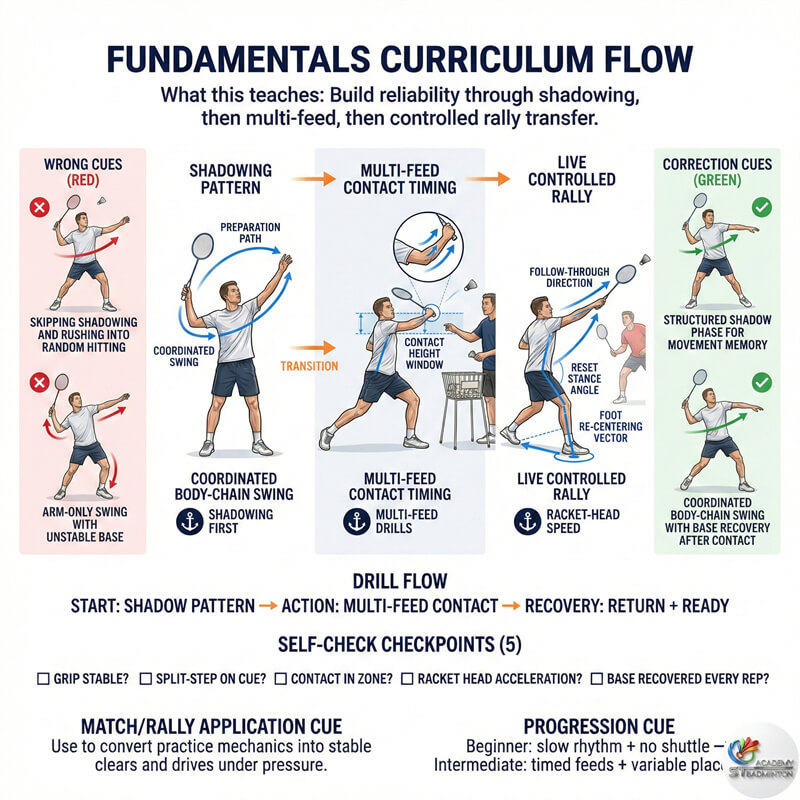 Adult badminton training in Klang showing correct stroke preparation