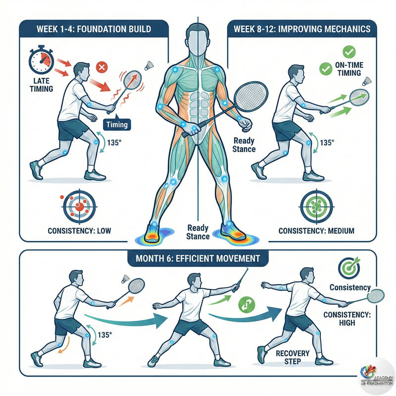 成人初学者在旺沙玛朱学习正确的羽毛球站姿