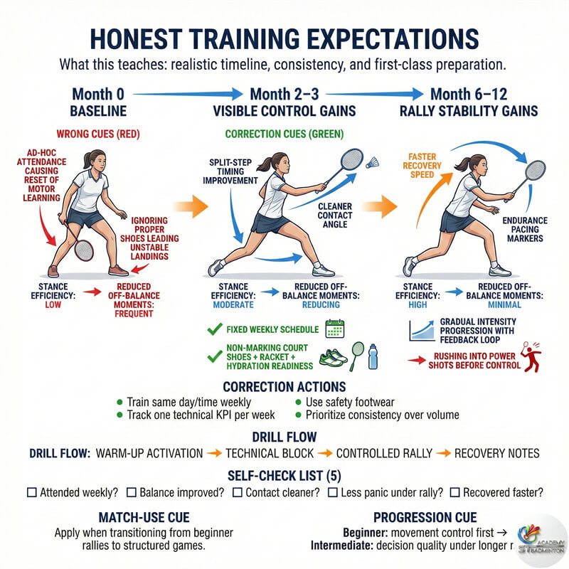 Adult female student learning correct badminton foundation in Klang