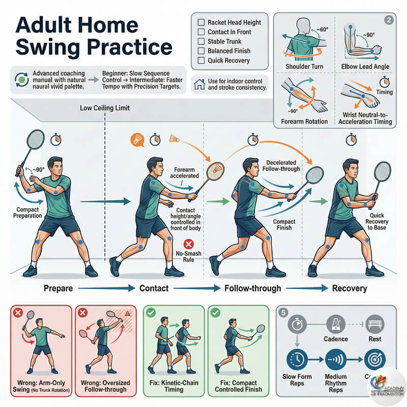 Adult practising badminton swing technique safely indoors in Setapak