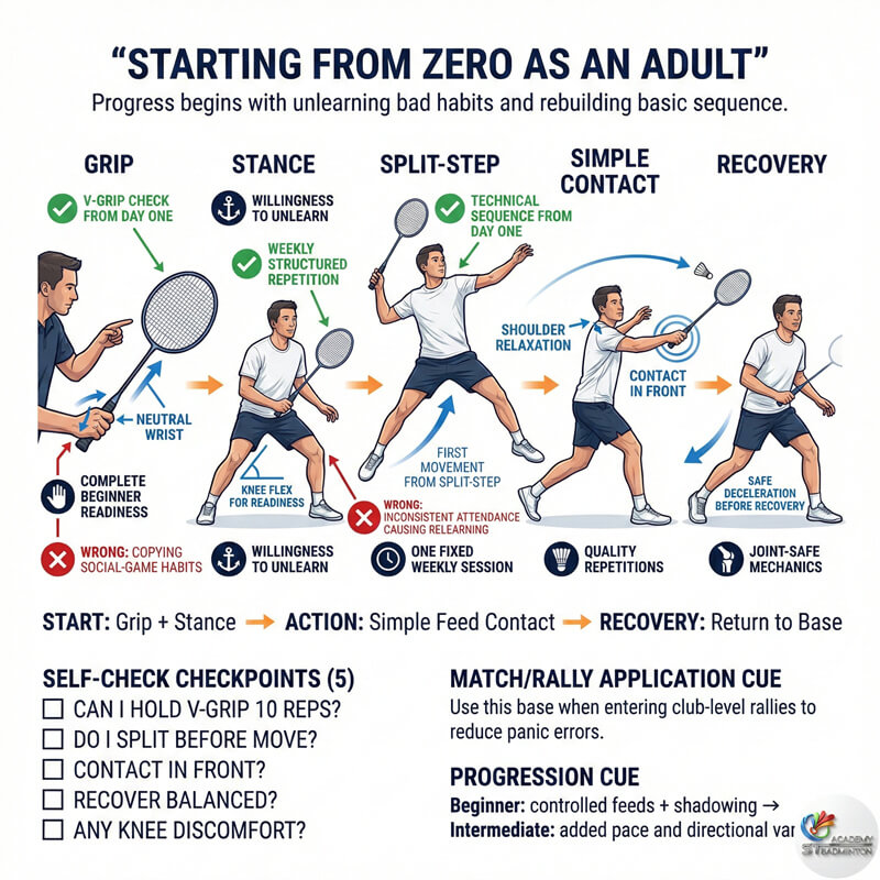 Adult student learning correct badminton foundation in Klang