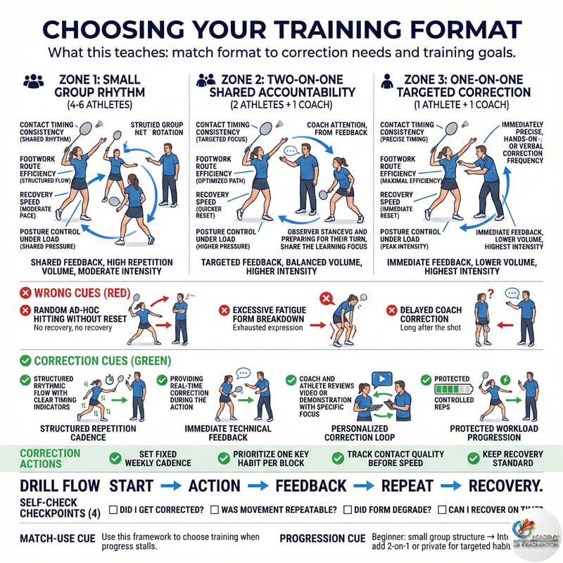 Adult women badminton training in Klang showing correct stroke preparation