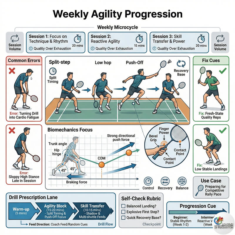 Badminton agility training session with coach explaining drill patterns in KL