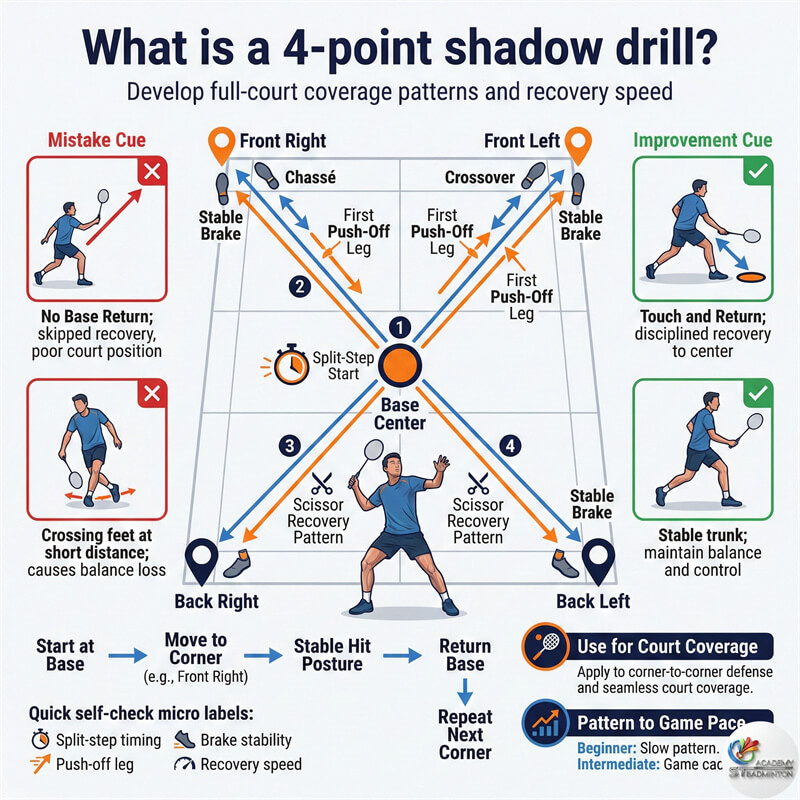 Badminton coach correcting a student's flat-footed stance error