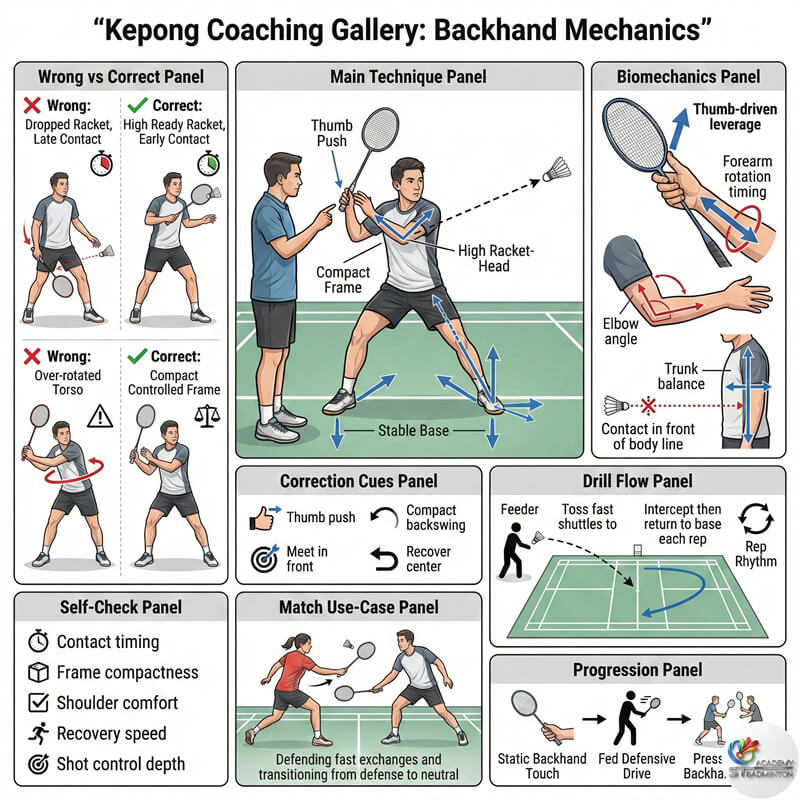 羽毛球教练在 Jinjang 附近指导球员正确的挥拍力学