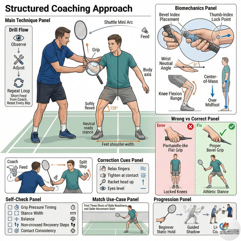 甲洞羽毛球教练纠正初学者的握拍和准备姿势