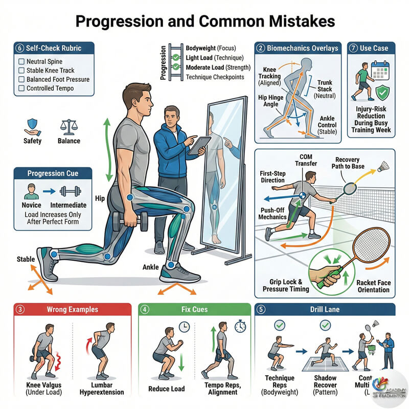 Badminton player checking squat form in mirror to prevent injury