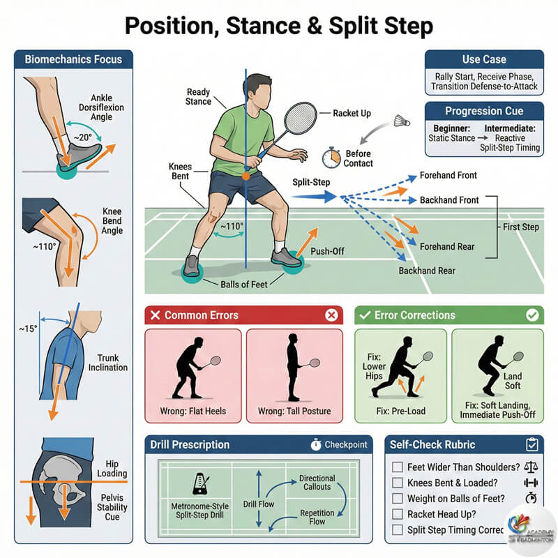 Badminton player practicing ready stance and split step in Wangsa Maju hall