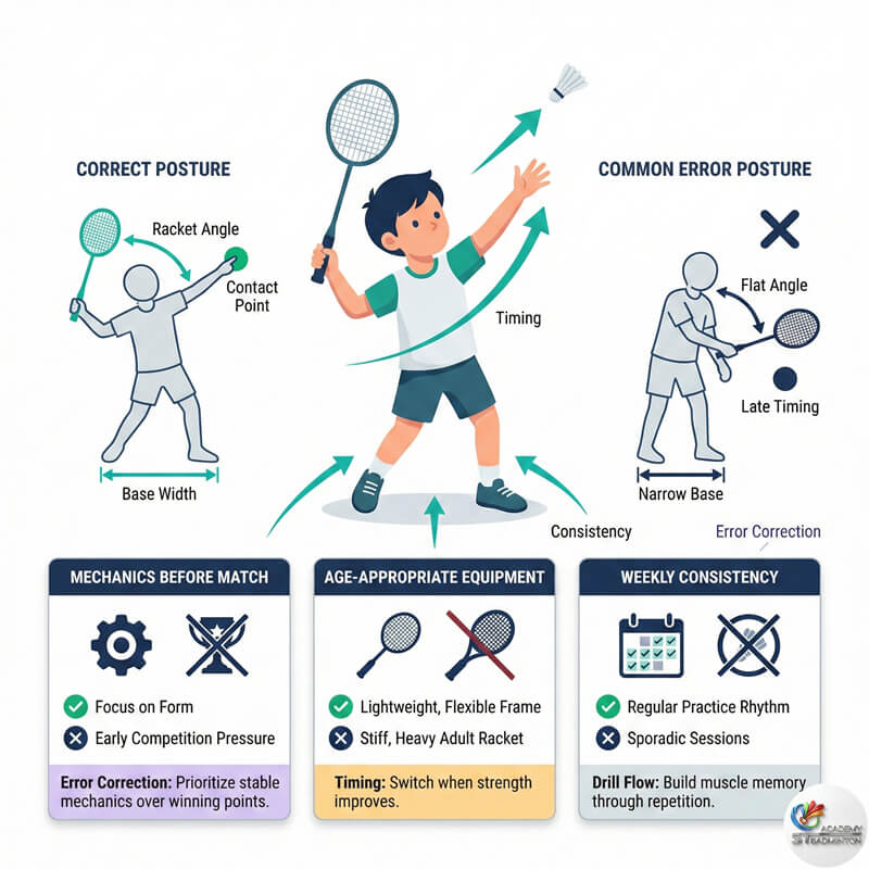 Học viên cầu lông học tư thế giao cầu đúng tại sân TBR