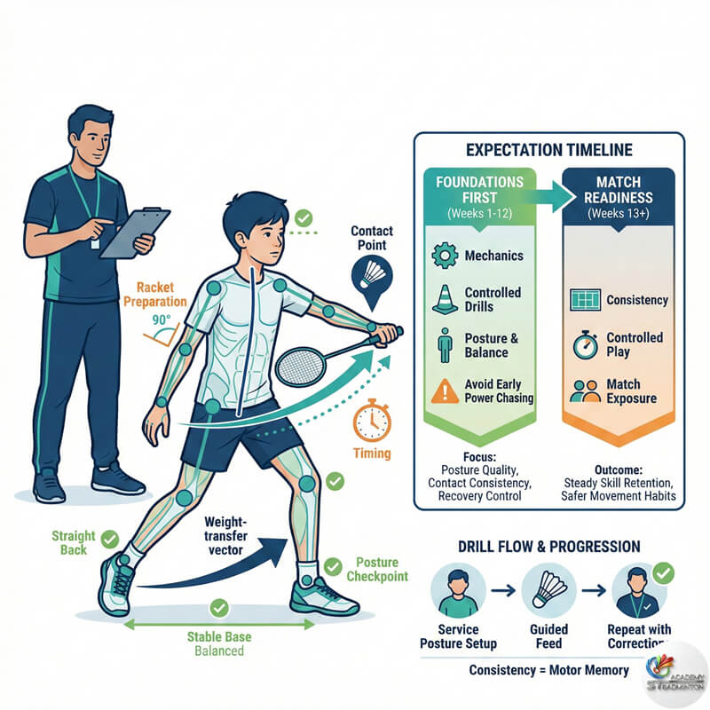 羽毛球学员在 Taman Desa Bakti 礼堂学习正确的发球姿势