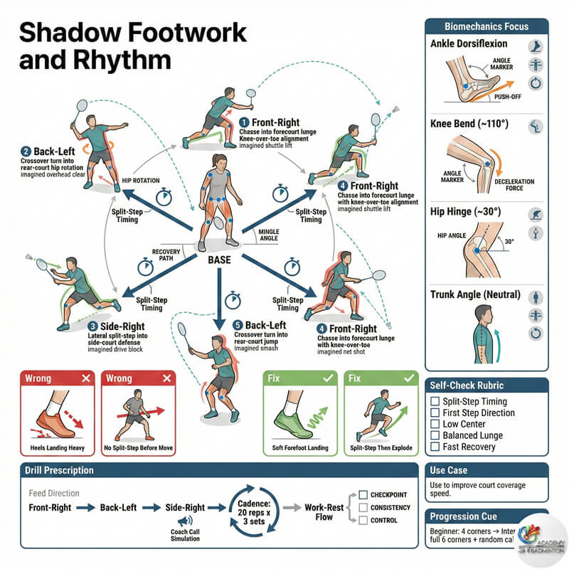 Beginner doing solo shadow footwork badminton drill in small room near Gombak