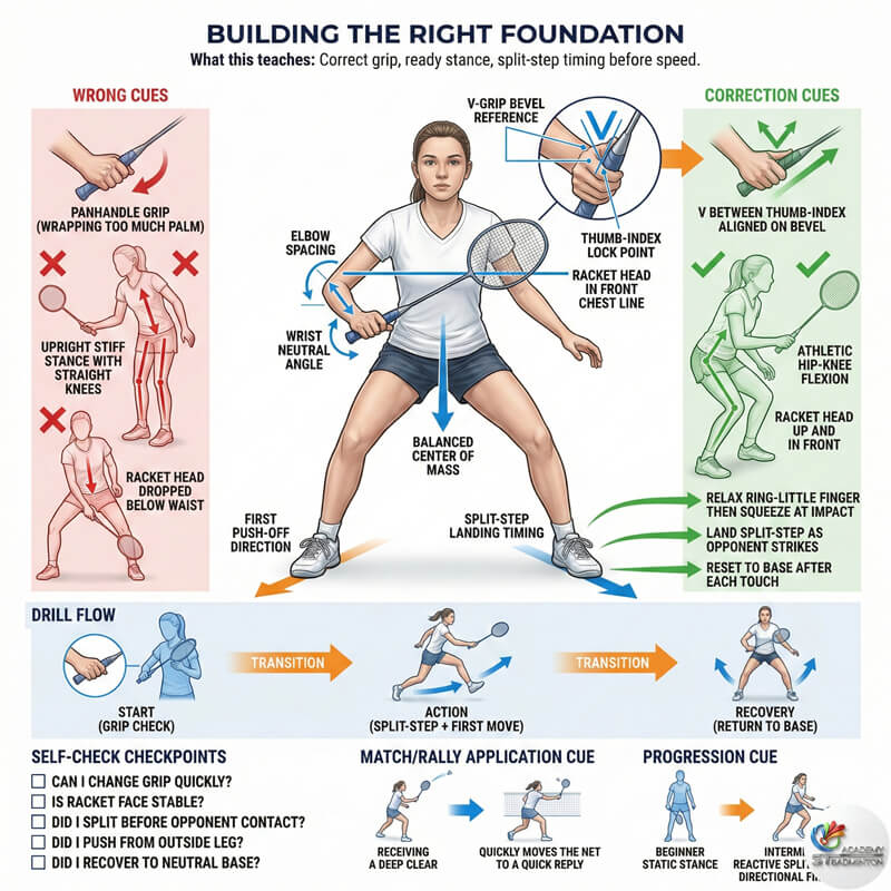 Beginner girls badminton class in Klang practicing grip and ready stance basics