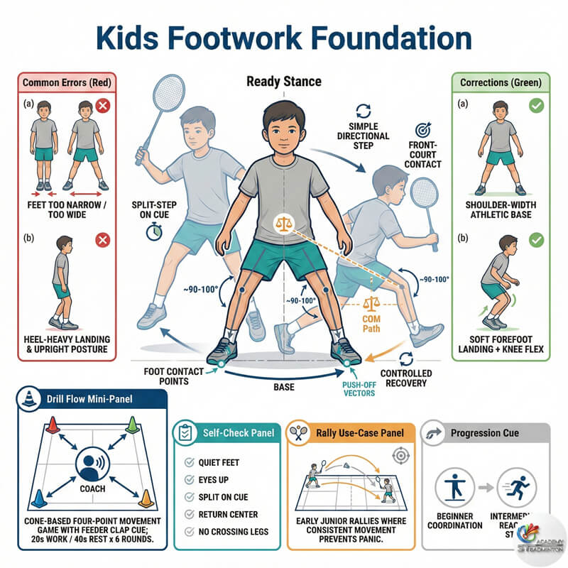 Trẻ em đang học nền tảng di chuyển cầu lông đúng cách tại lớp huấn luyện vận động Kepong