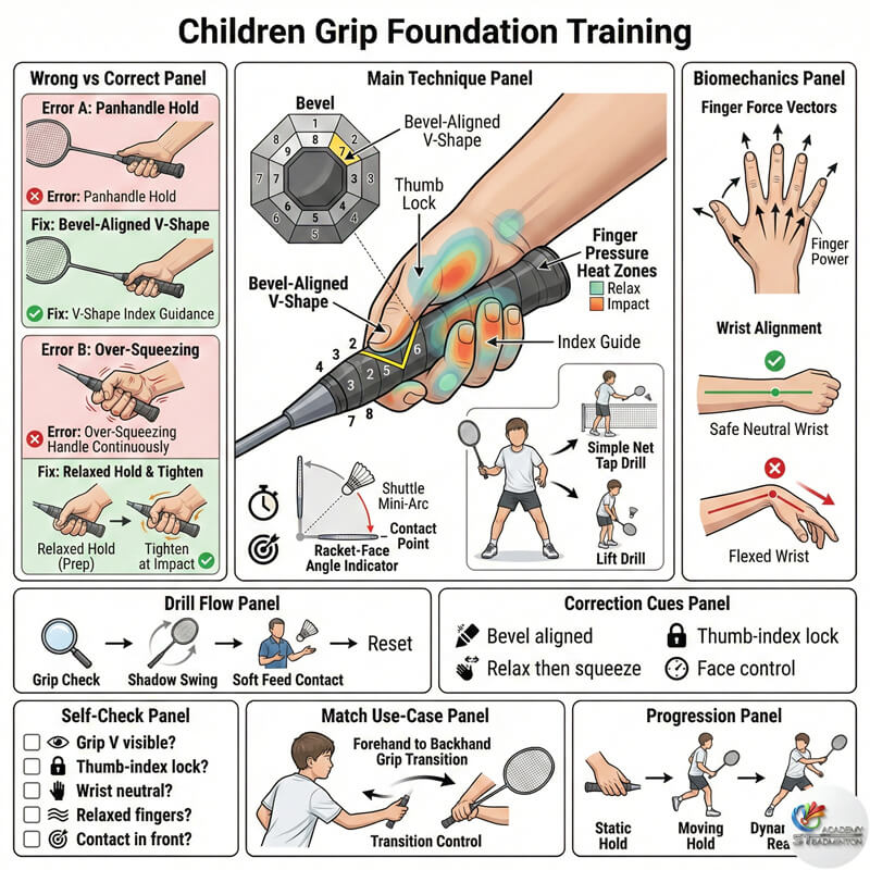 兒童在甲洞課程中學習正確的羽毛球握拍基礎