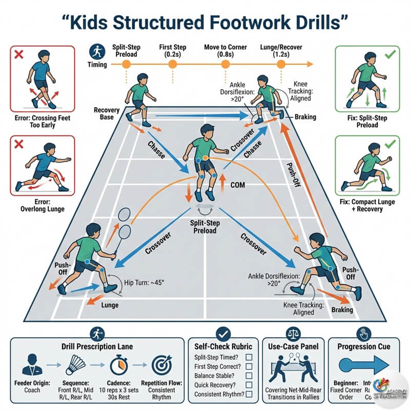 Children practising structured footwork patterns with multi-shuttle near Kepong