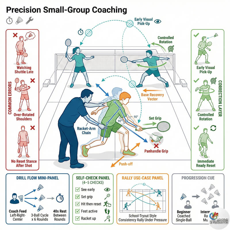Coach Eric Chuar providing 2-on-1 badminton coaching for kids